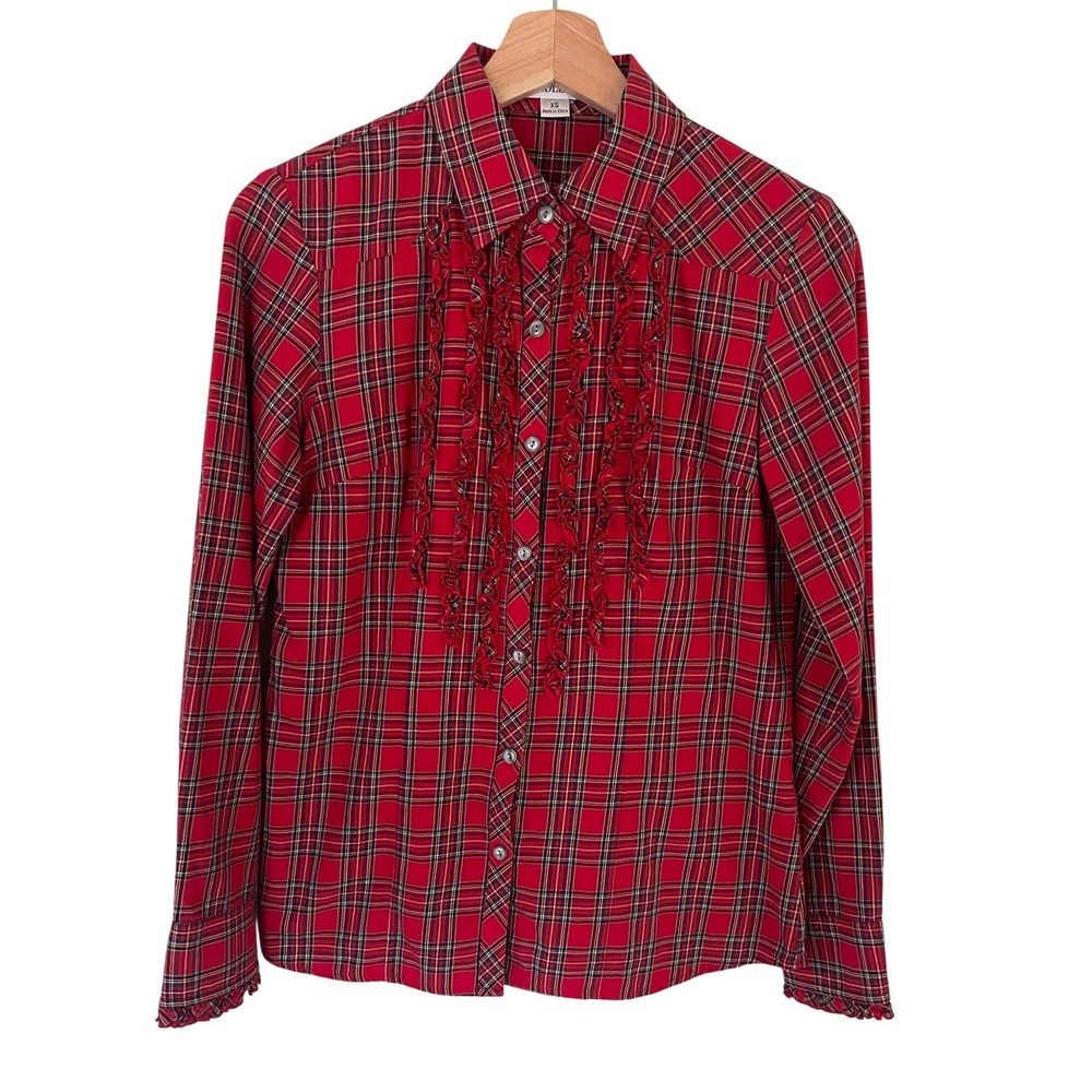 Pendleton Women Red Tartan Plaid Ruffle Front Button Up Long Sleeve‎ Shirt XS